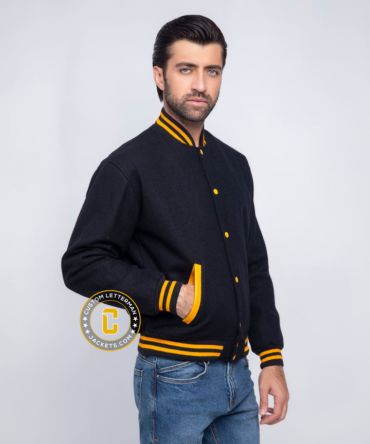 Mens All Wool Letterman Jacket Black