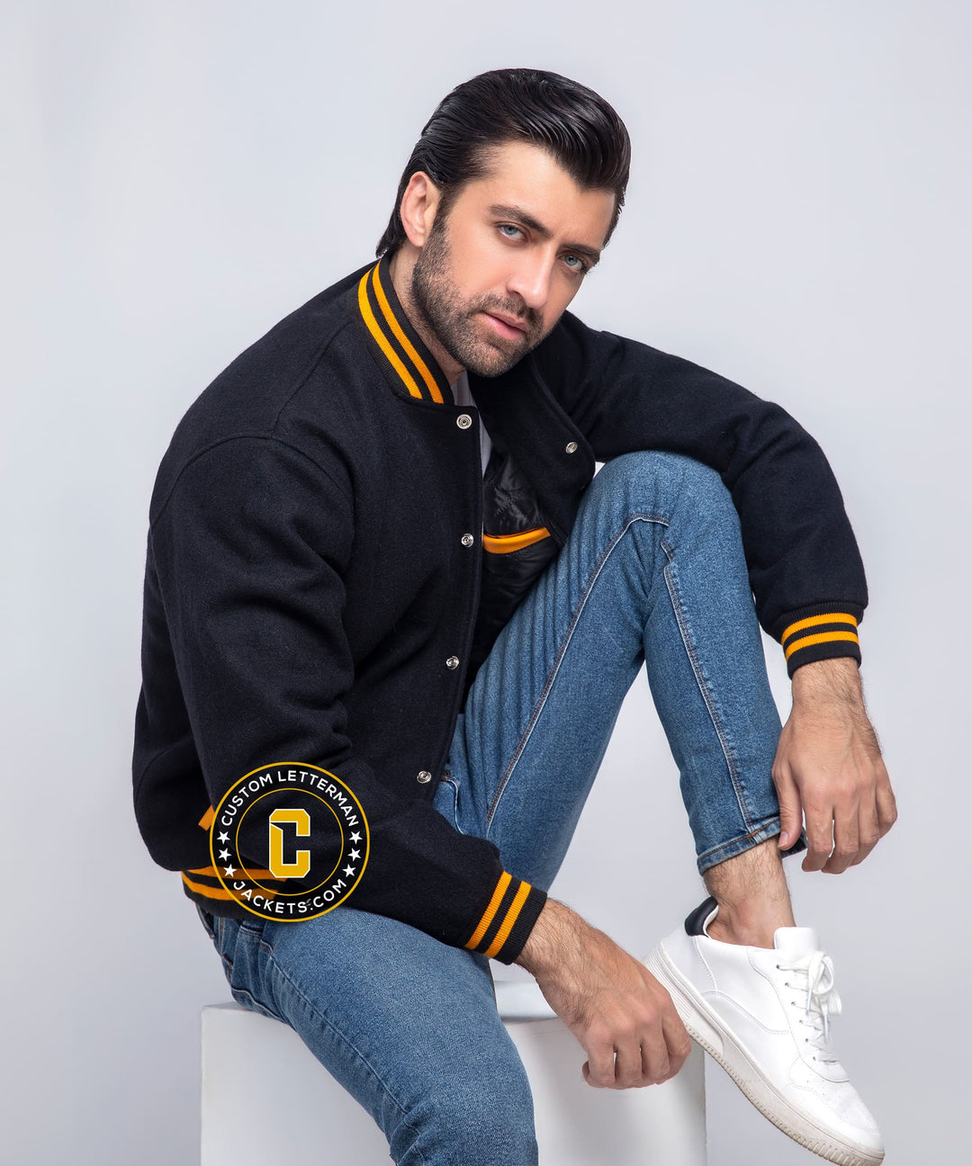 Mens All Wool Letterman Jacket Black