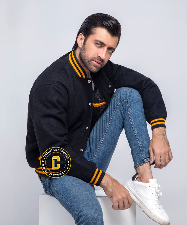 Mens All Wool Letterman Jacket Black