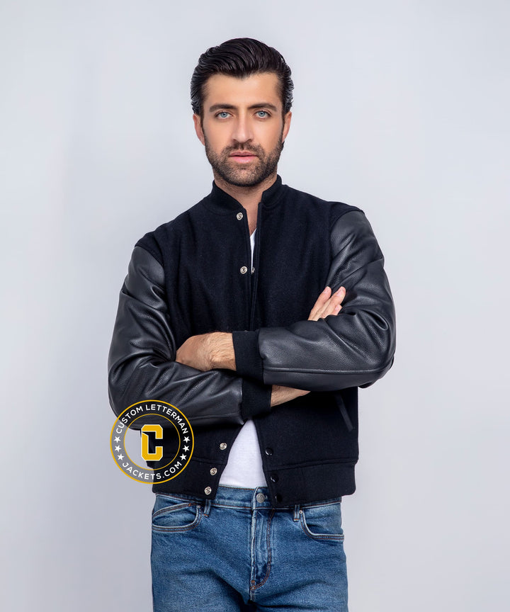 Mens Black Varsity Jacket Wool Leather