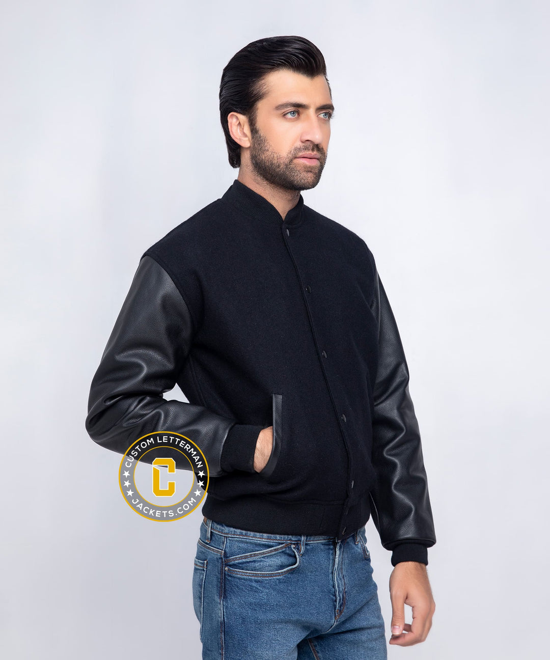 Mens Black Varsity Jacket Wool Leather