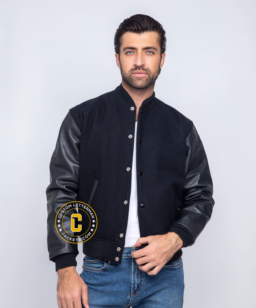 Mens Black Varsity Jacket Wool Leather