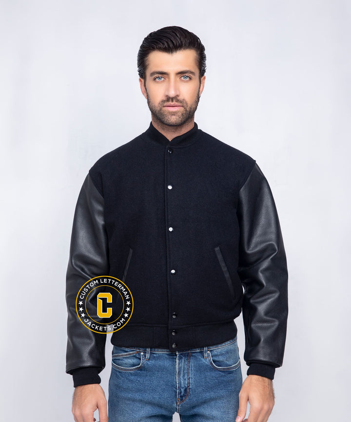 Mens Black Varsity Jacket Wool Leather