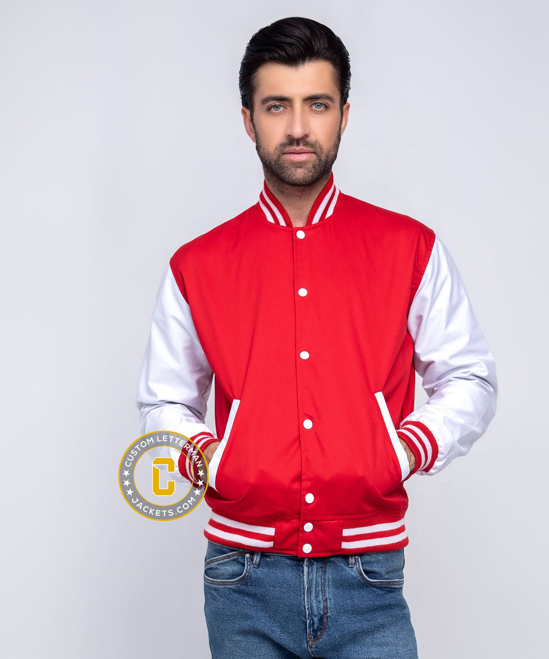 Mens Cotton Letterman Jacket Red White