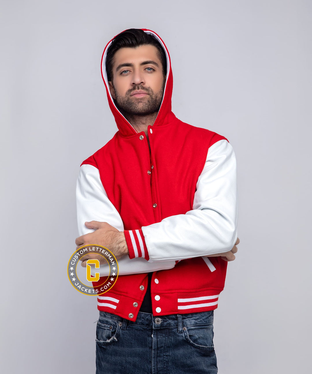 Mens Hooded Letterman Jacket Wool Leather