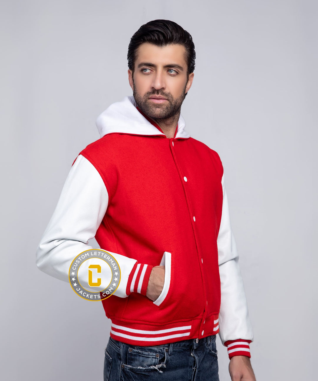Mens Hooded Letterman Jacket Wool Leather