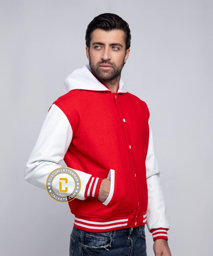 Mens Hooded Letterman Jacket Wool Leather