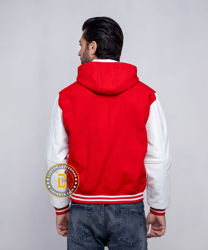 Mens Hooded Letterman Jacket Wool Leather