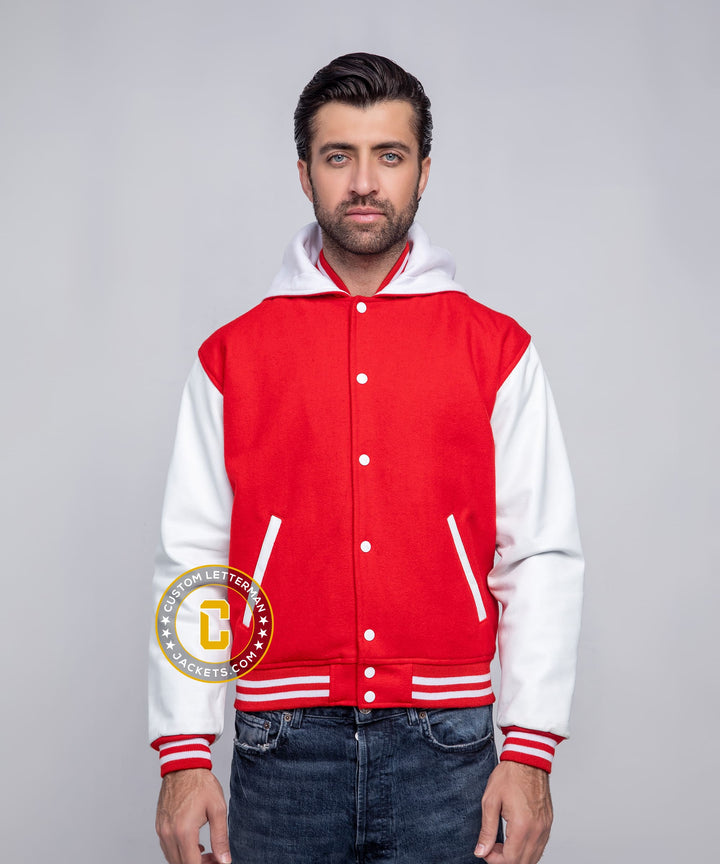 Mens Hooded Letterman Jacket Wool Leather