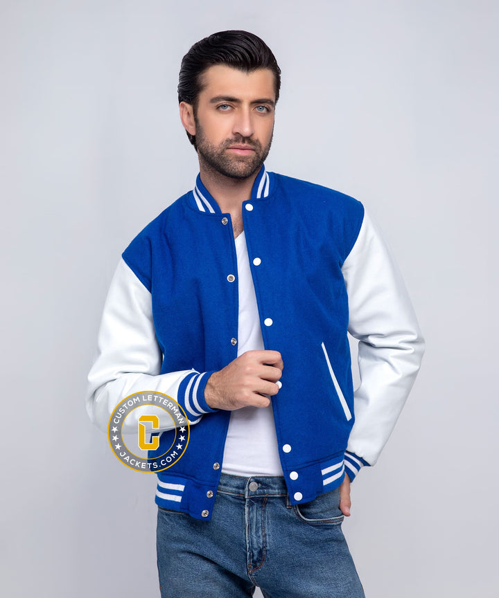Mens Letterman Jacket Blue Wool White Leather