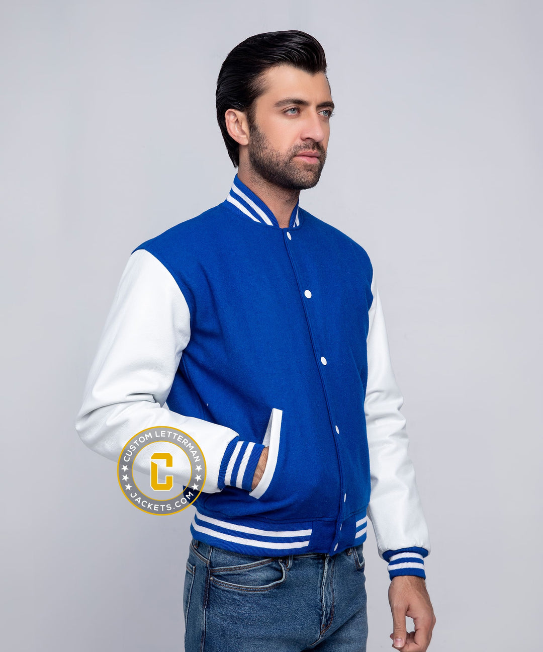 Mens Letterman Jacket Blue Wool White Leather
