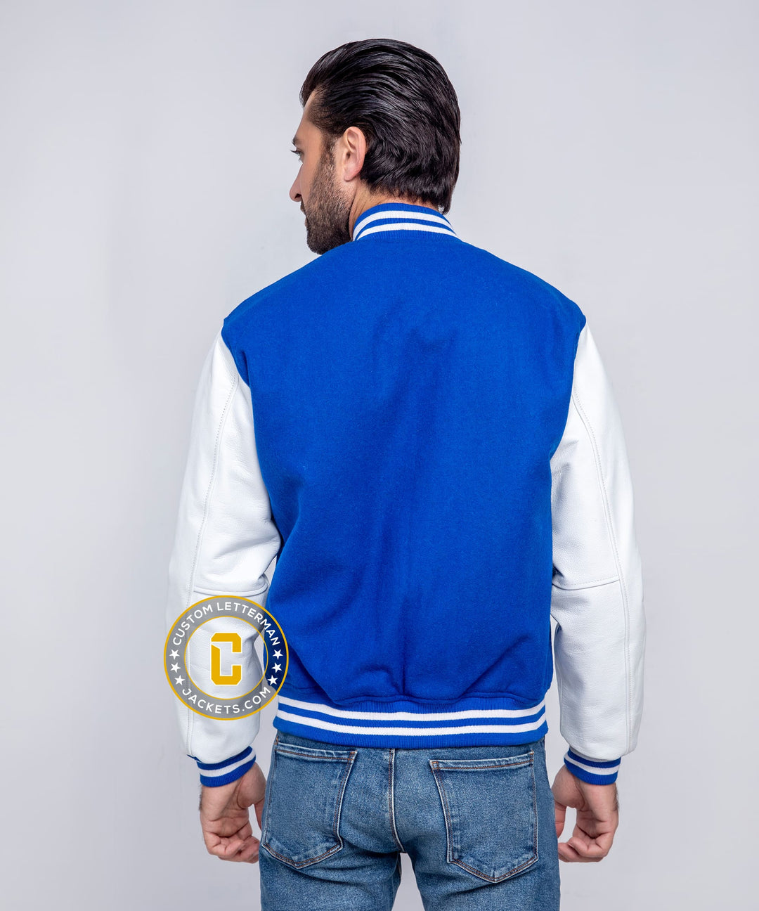 Mens Letterman Jacket Blue Wool White Leather