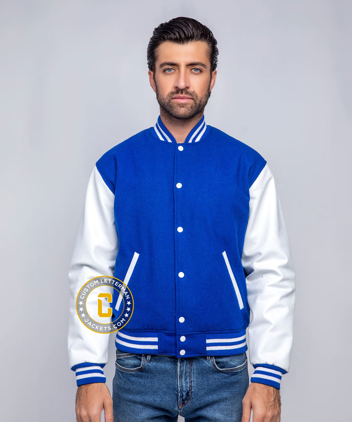 Mens Letterman Jacket Blue Wool White Leather