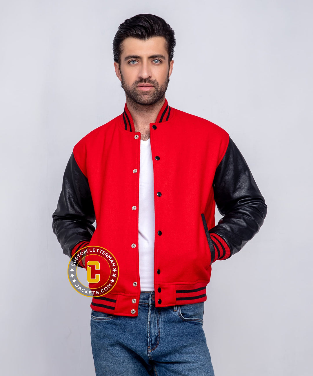 Mens Letterman Jacket Red Wool Black Leather