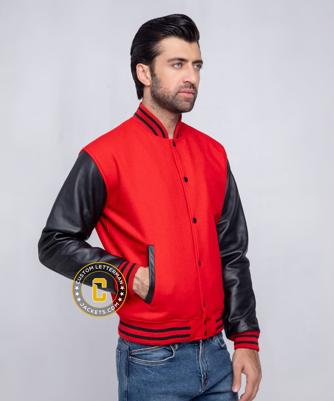 Mens Letterman Jacket Red Wool Black Leather