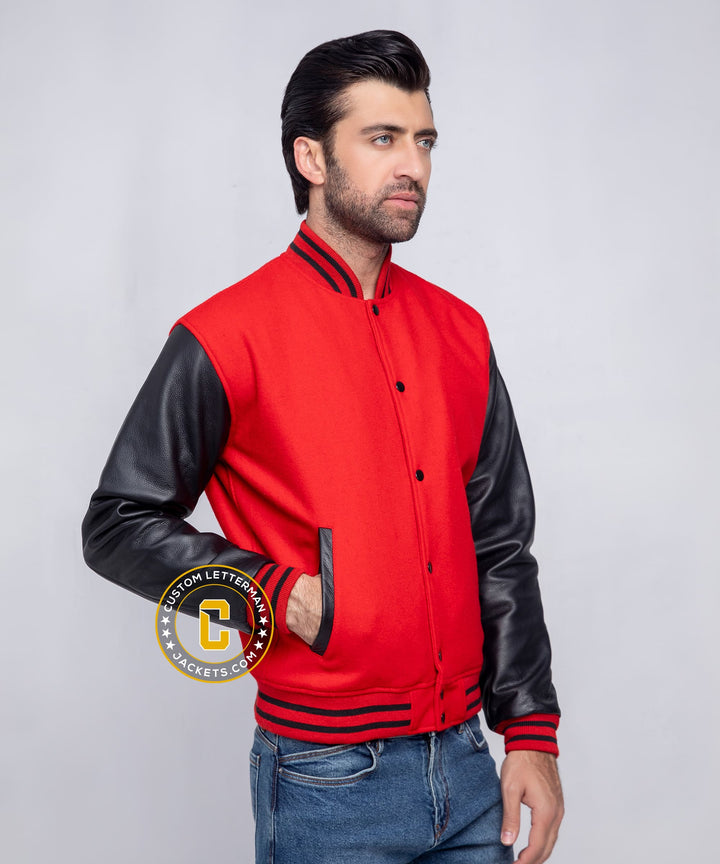 Mens Letterman Jacket Red Wool Black Leather