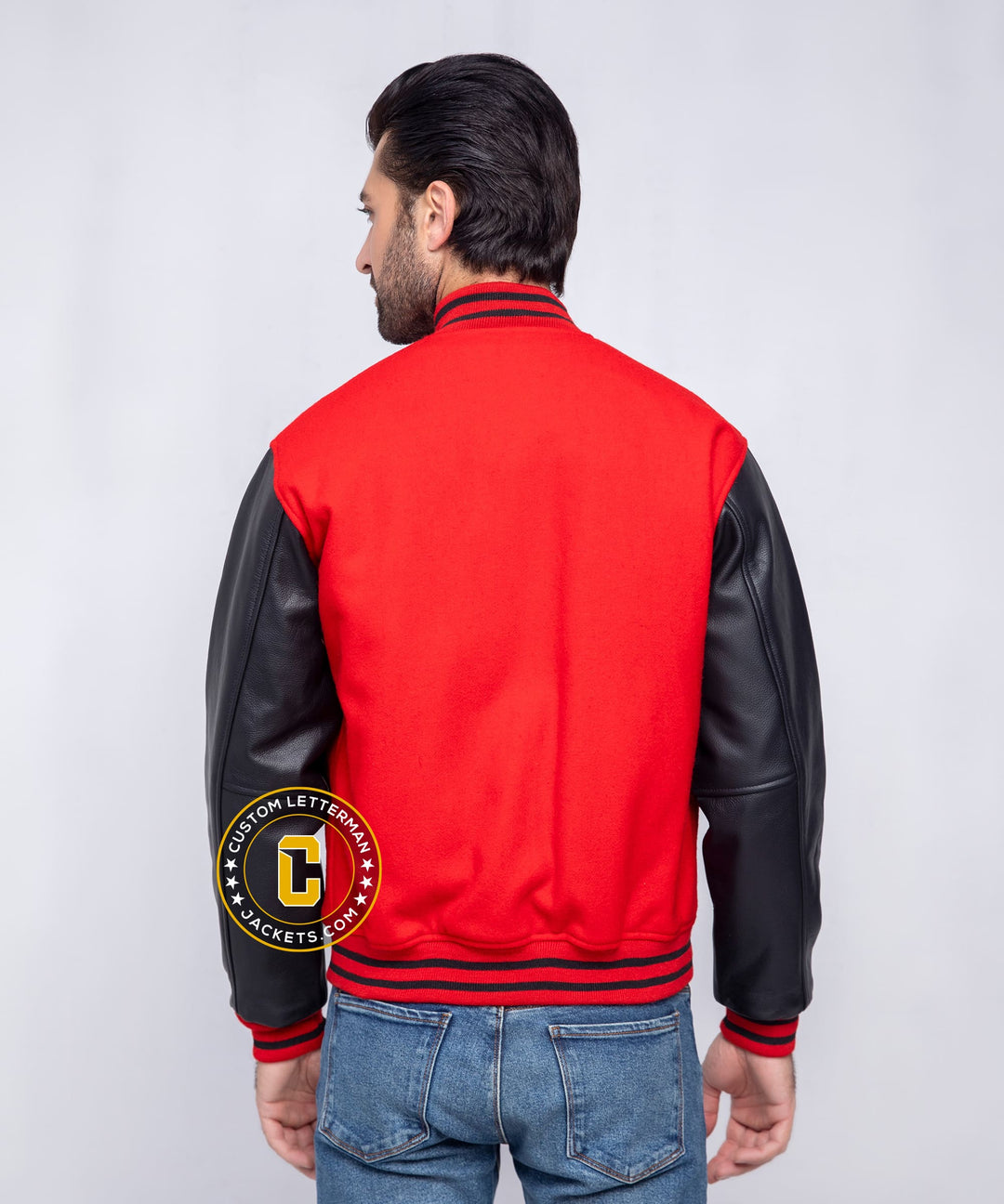 Mens Letterman Jacket Red Wool Black Leather