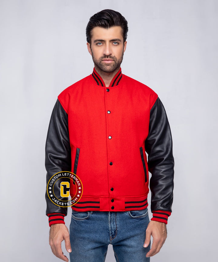 Mens Letterman Jacket Red Wool Black Leather