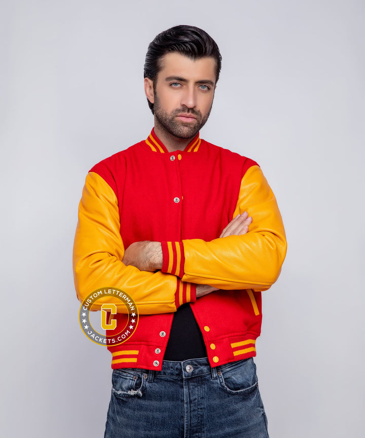 Mens Varsity Jacket Leather Sleeves Red Gold