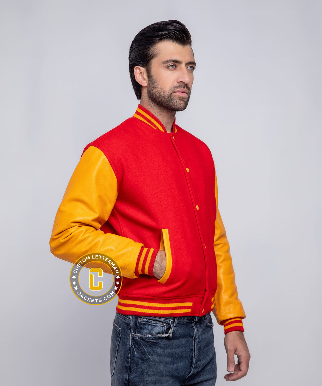 Mens Varsity Jacket Leather Sleeves Red Gold