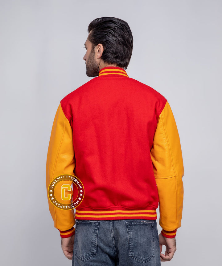 Mens Varsity Jacket Leather Sleeves Red Gold