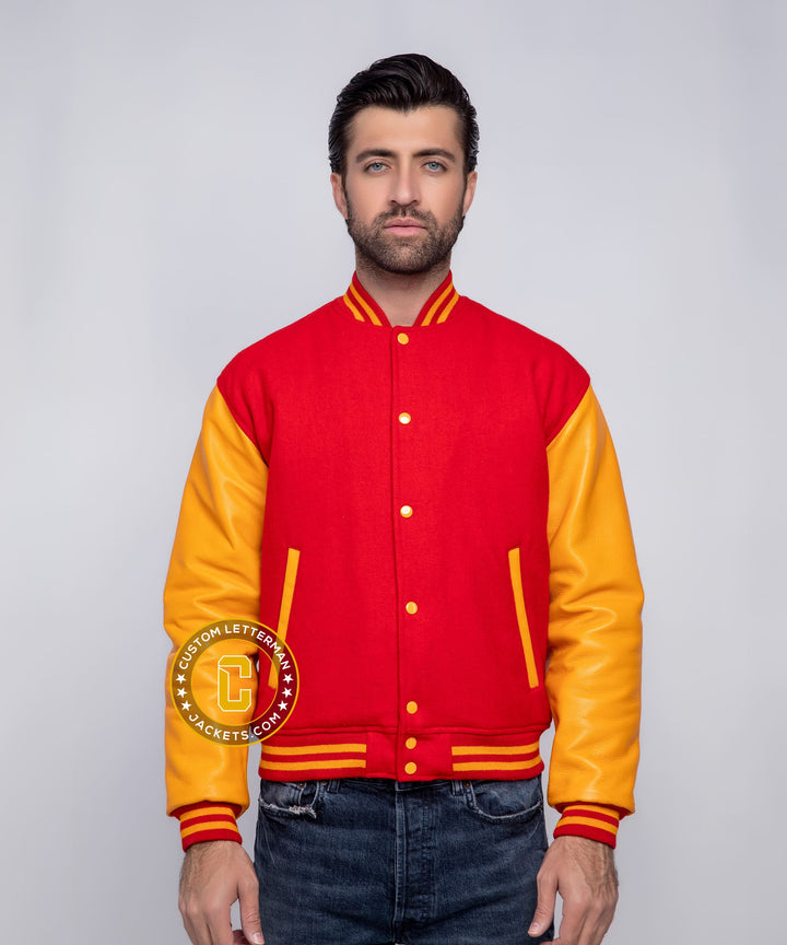 Mens Varsity Jacket Leather Sleeves Red Gold