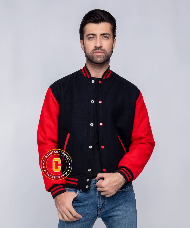 Mens Wool Letterman Jacket Black Red
