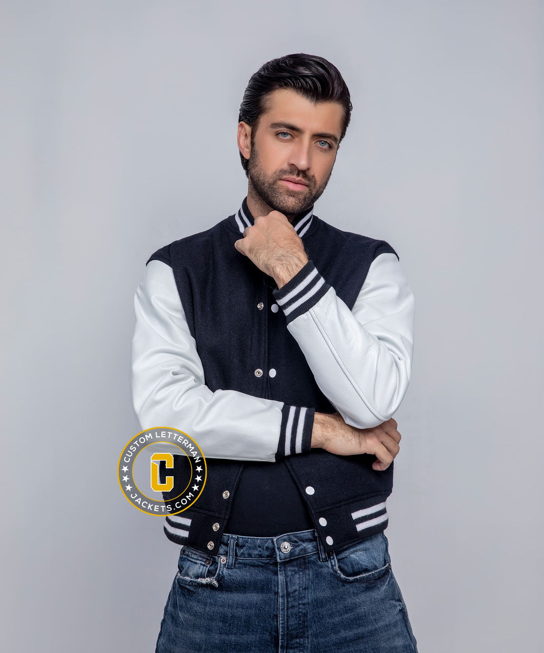 Mens Black White Varsity Letterman Jacket