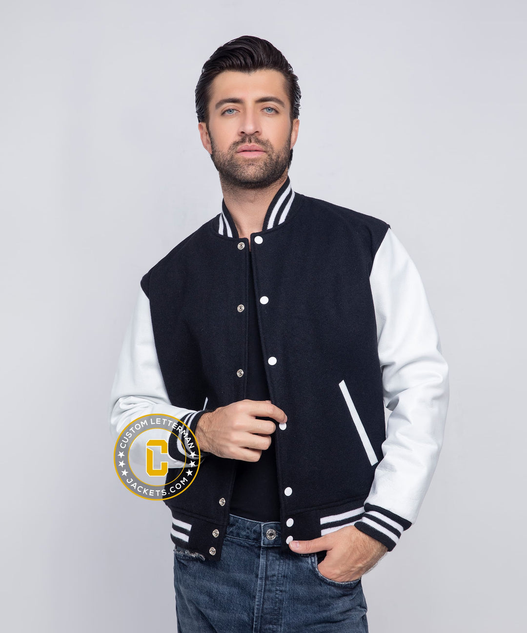 Mens Black White Varsity Letterman Jacket