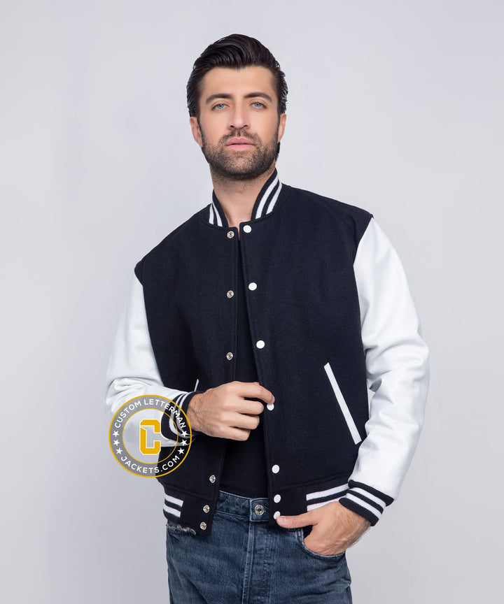 Mens Black White Varsity Letterman Jacket