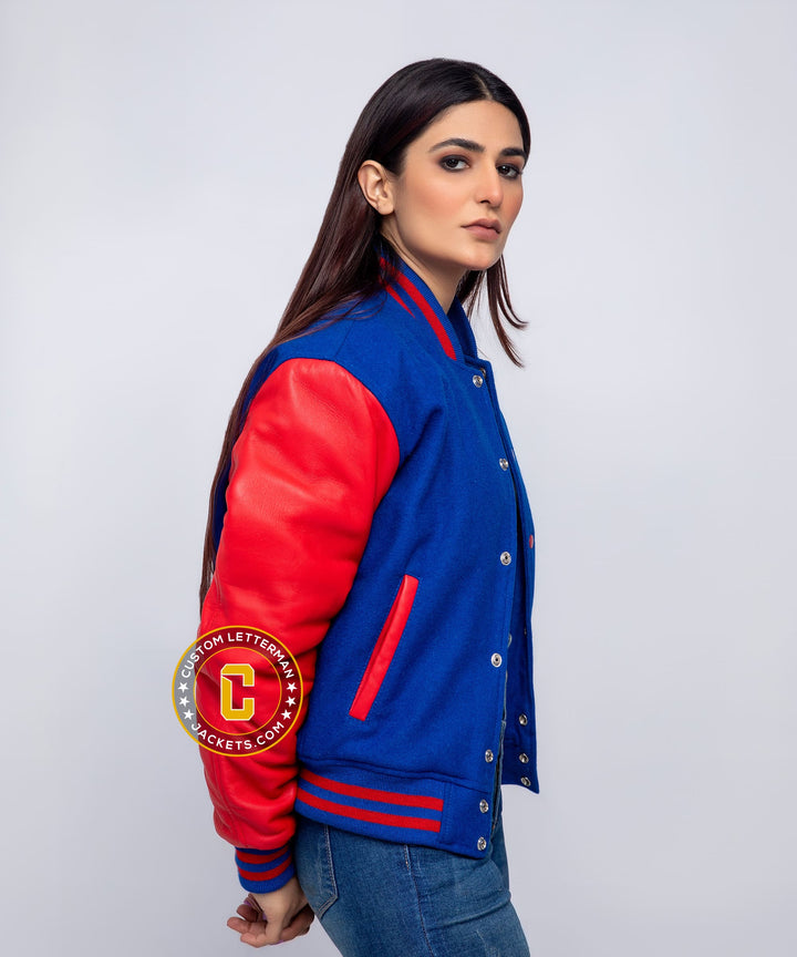 Womens Letterman Jacket Blue Wool Red Leather