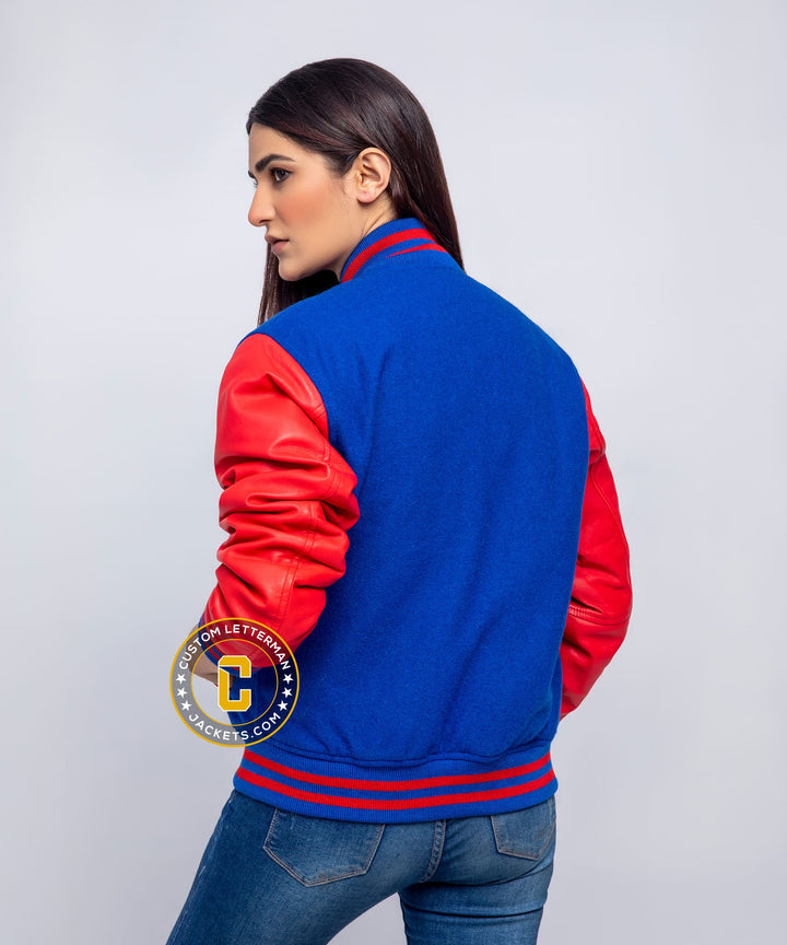 Womens Letterman Jacket Blue Wool Red Leather