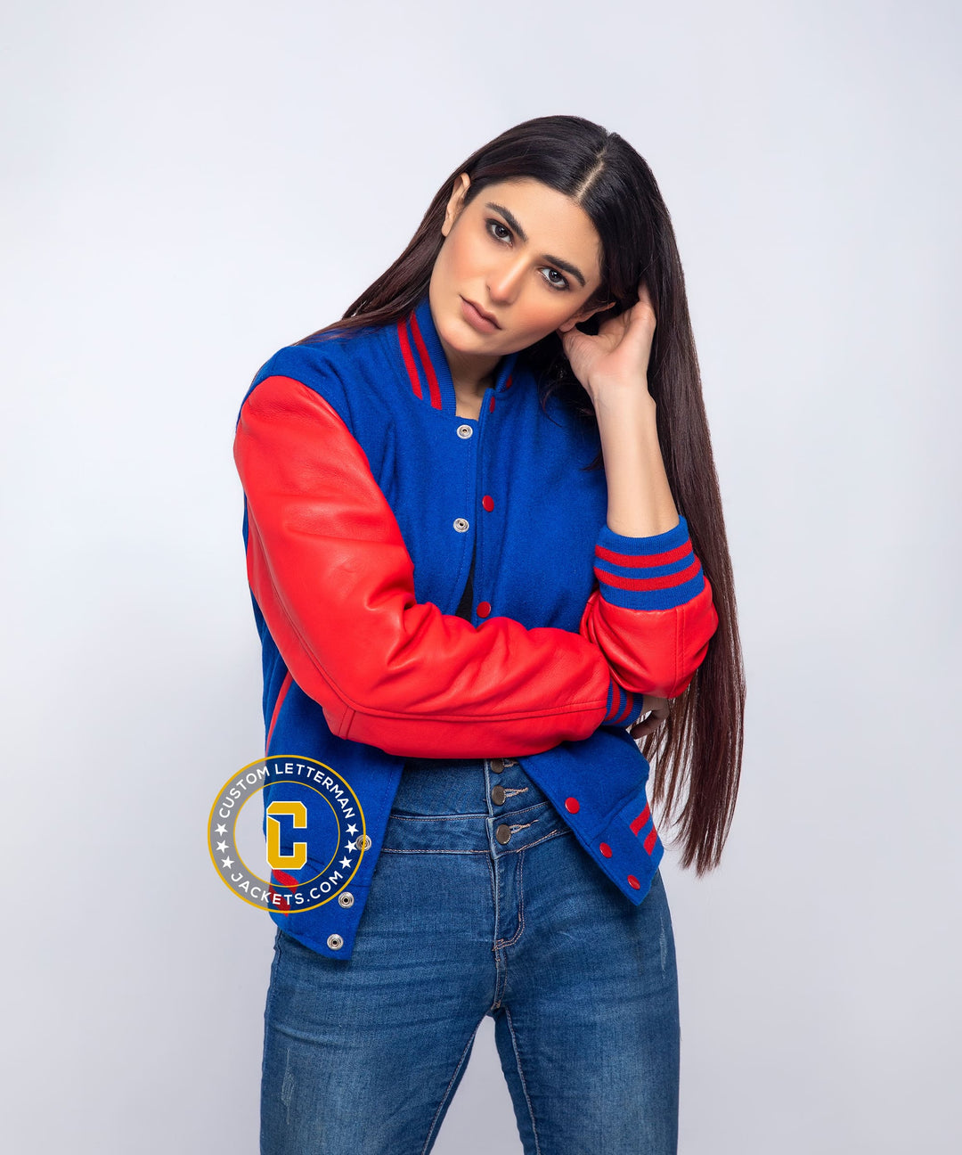 Womens Letterman Jacket Blue Wool Red Leather