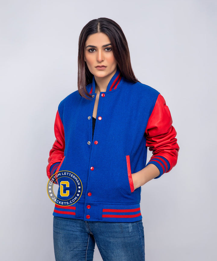 Womens Letterman Jacket Blue Wool Red Leather
