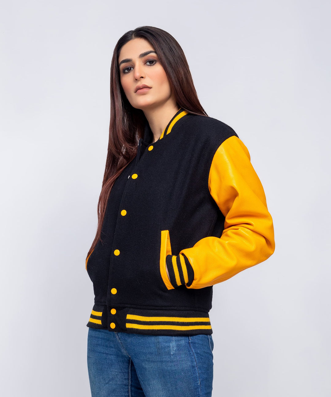 Womens Letterman Jacket Leather Sleeves Black Gold