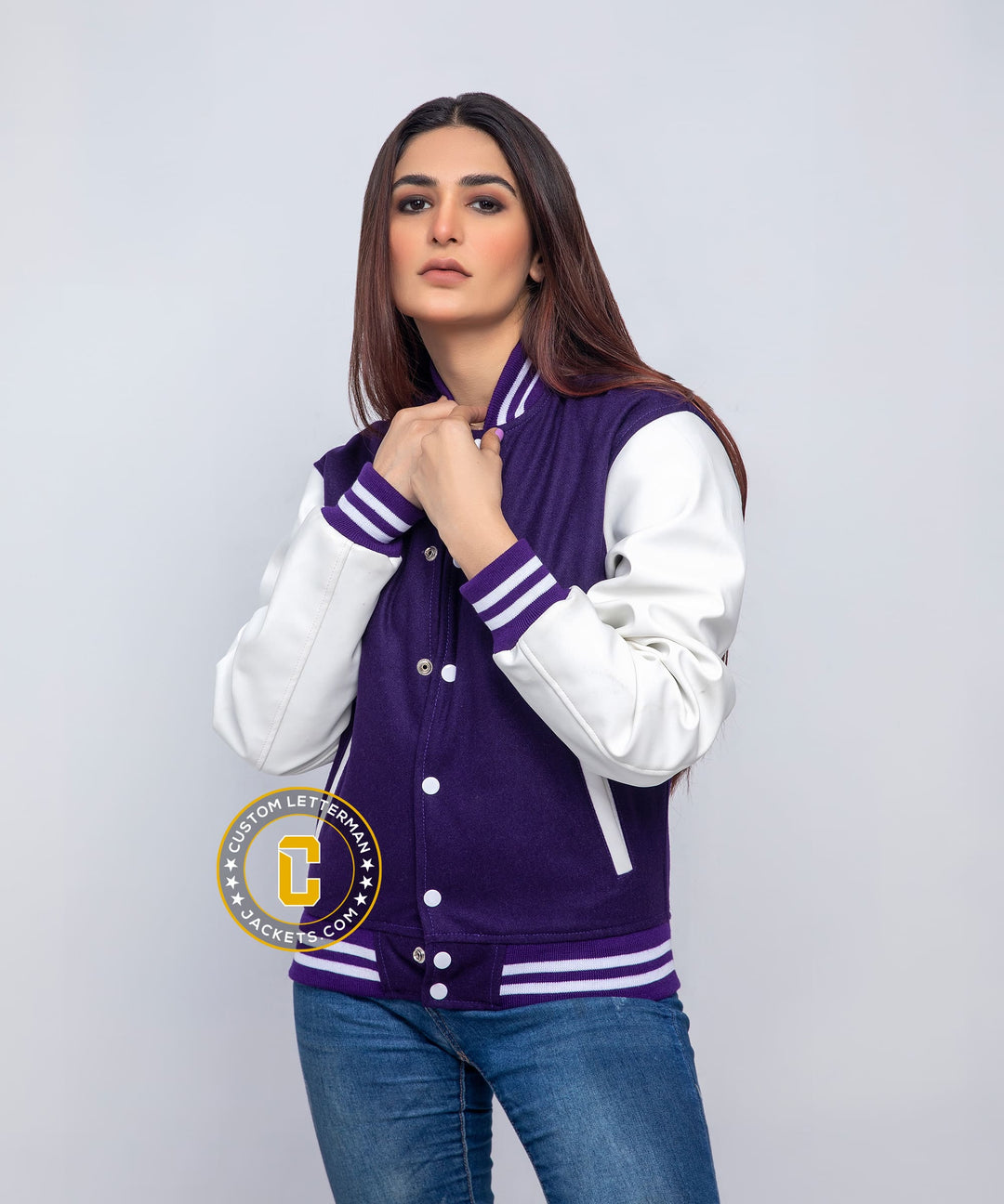 Womens Purple Varsity Jakcet Faux Leather Sleeves