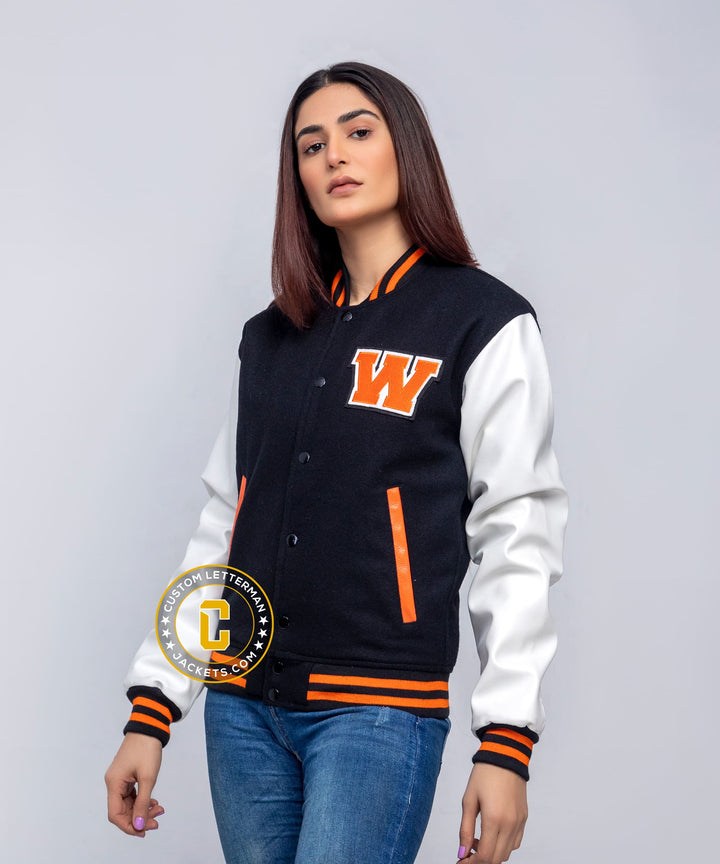 Womens Varsity Jacket Faux Leather Black Wool