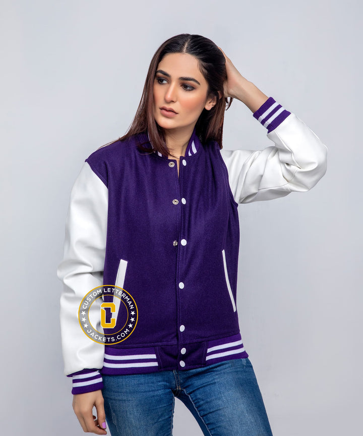 Womens Purple Varsity Jakcet Faux Leather Sleeves