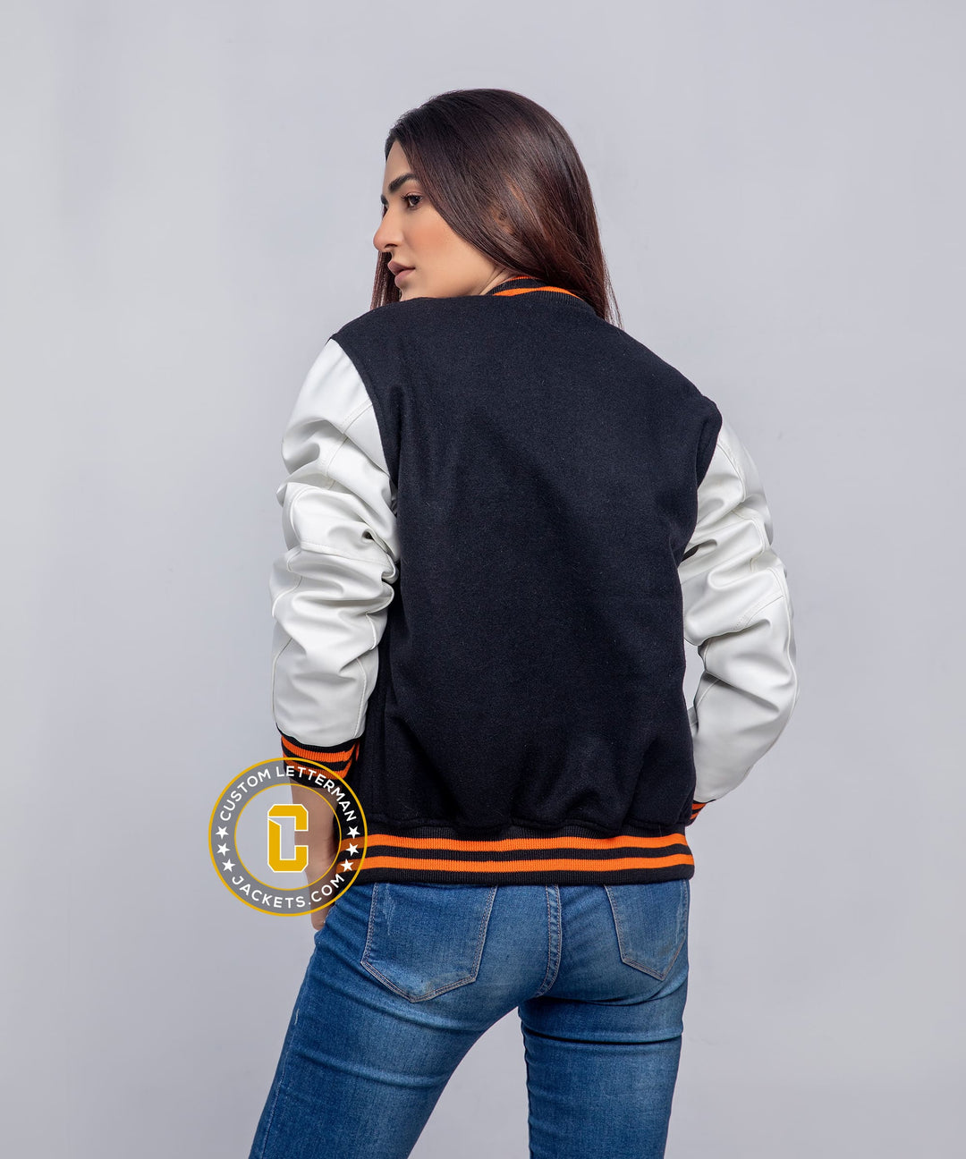 Womens Varsity Jacket Faux Leather Black Wool