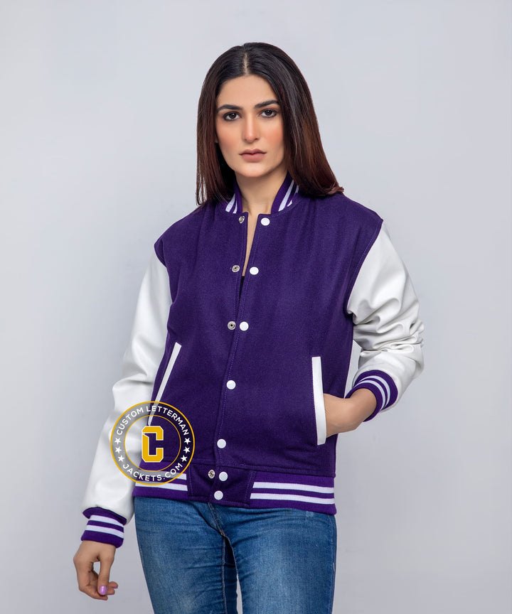 Womens Purple Varsity Jakcet Faux Leather Sleeves