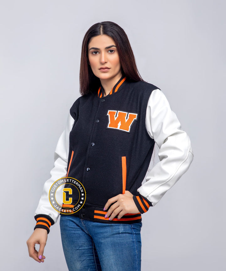 Womens Varsity Jacket Faux Leather Black Wool
