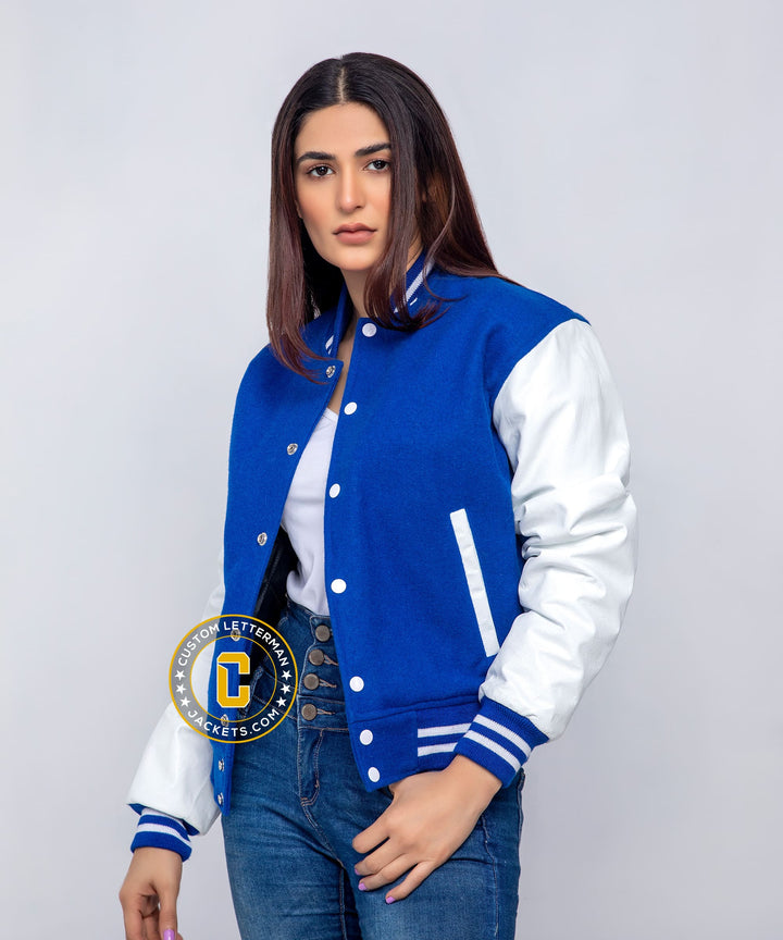 Womens Varsity Jacket Blue Wool White Leather