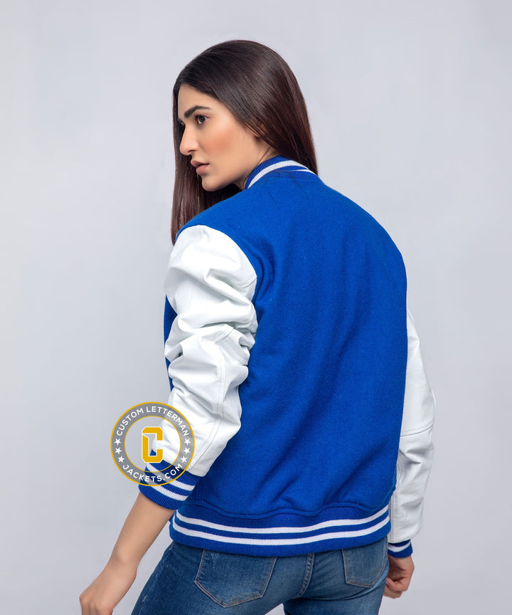 Womens Varsity Jacket Blue Wool White Leather
