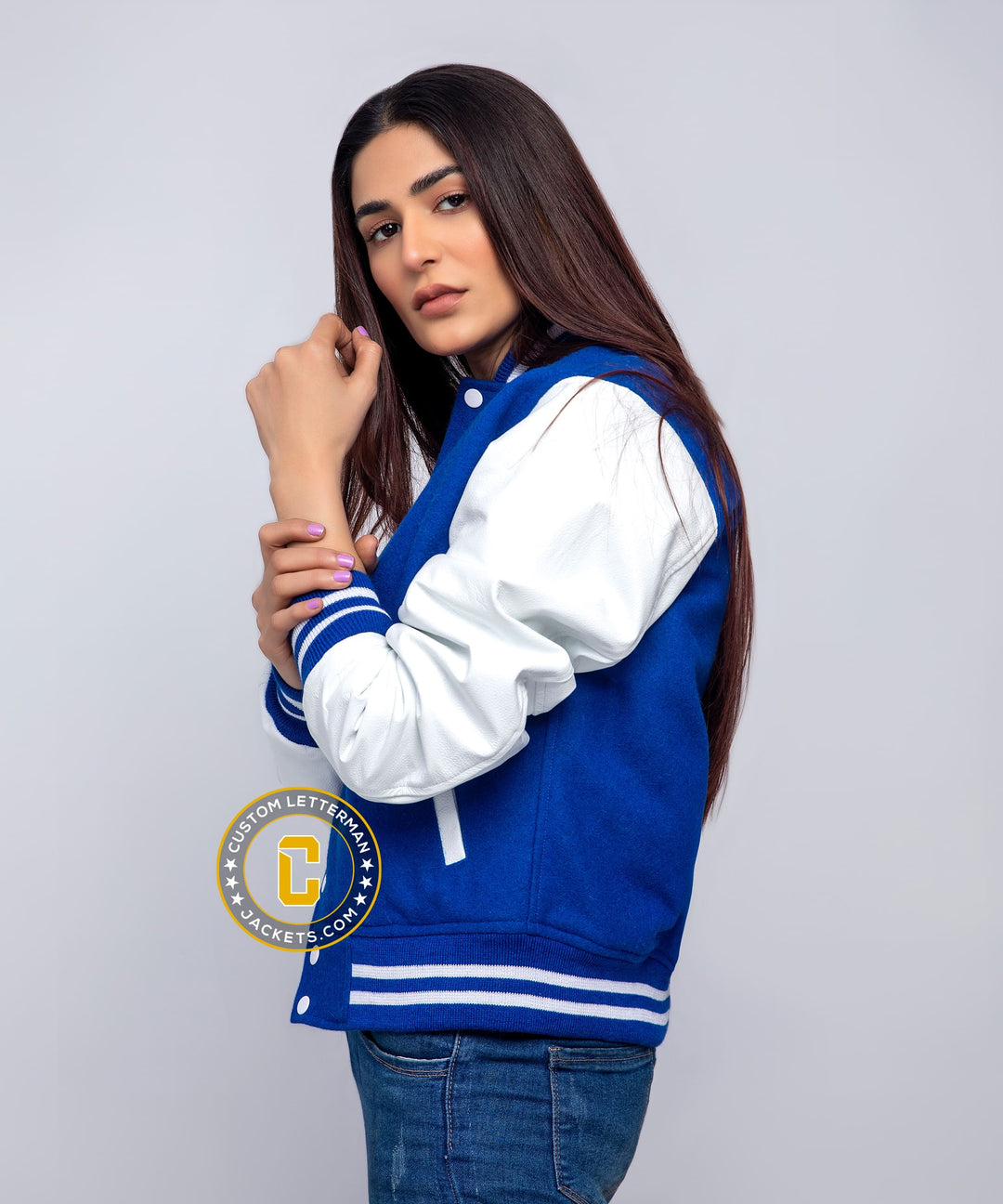 Womens Varsity Jacket Blue Wool White Leather