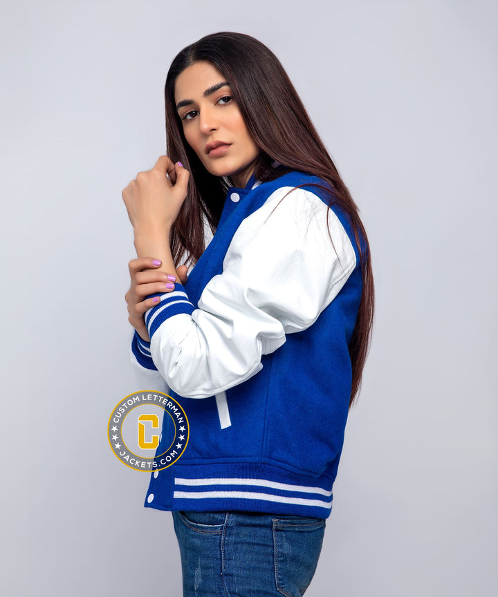 Womens Varsity Jacket Blue Wool White Leather