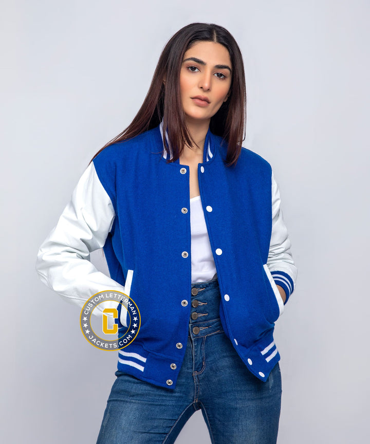 Womens Varsity Jacket Blue Wool White Leather