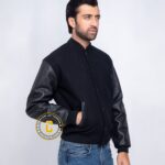 black varsity jacket melton wool and leather sleeves