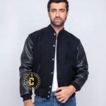 black varsity jacket melton wool and leather sleeves