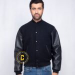 black varsity jacket melton wool and leather sleeves